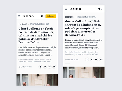 Le Monde - Article article button design favorite interaction interactive interface mobile navbar navigation news newspaper scroll scrolling share ui ux