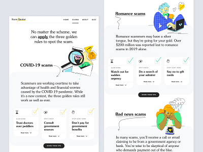Scam Spotter — Website design draw game google illustration information landing line page playful product productdesign scam spotter ui uidesign uiux ux web website