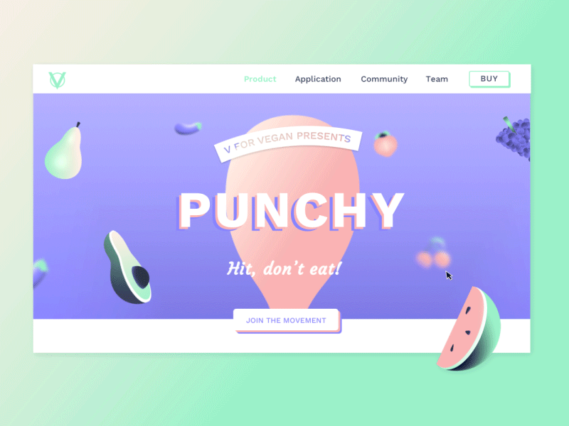 Motion landing Punchy 🤜🍗->🥦 animation fruit interaction landing motion punch punching purple transition ui ux website