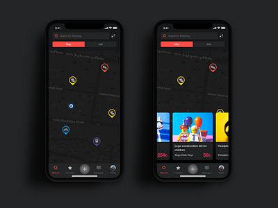 Location Based Shopping App | Dark Mode 🌘 cards ui dark mode ecommerce app listing location map map pin mobile app night mode shopping shopping app