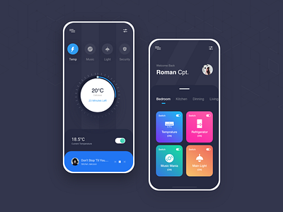 Smart Home DARK app ui bulb card ui card view clean ui dark dark theme design ios light music night mode smarthome temprature ui ux