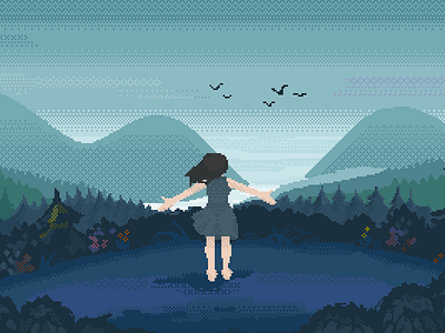 Bird illustration landscape pixel art