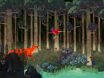 In the forest 1 art bird digital forest fox illustration messenger river woods