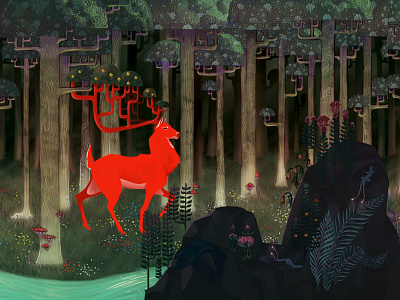 Into the forest 2 art deer digital flowers forest illustration messenger river rocks trees woods