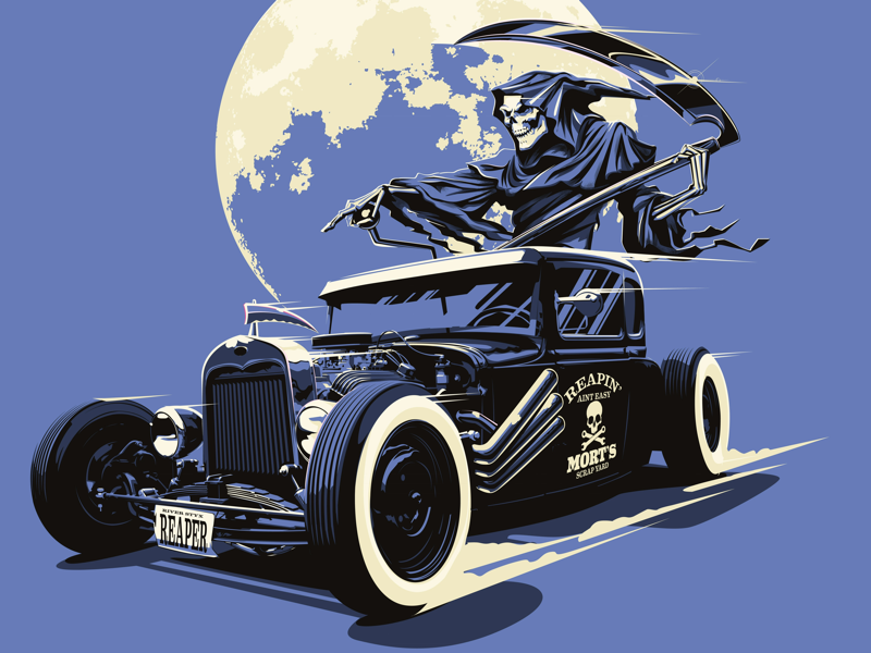 Reapin’ ain’t easy automotive tonal illustration vector hot rod grim reaper