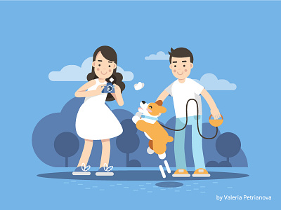 Walking With a dog boy character city corgi dog girl illustration park people vector walking