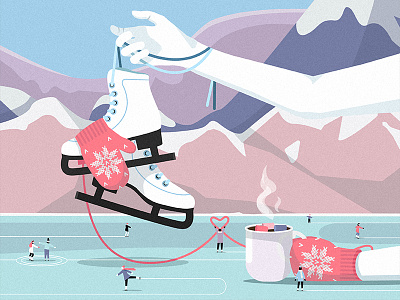 After a walk cartoon design flat ice illustration landscape mountains people rink skates vector winter
