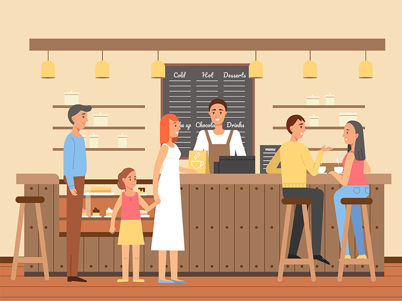 Coffee house design character girl woman man illustration vector people room house coffee cafe