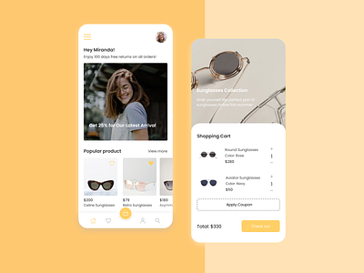 Glasses Store app clean ecommerce glasses menu minimalistic mobile products profile shopping cart title ui ux