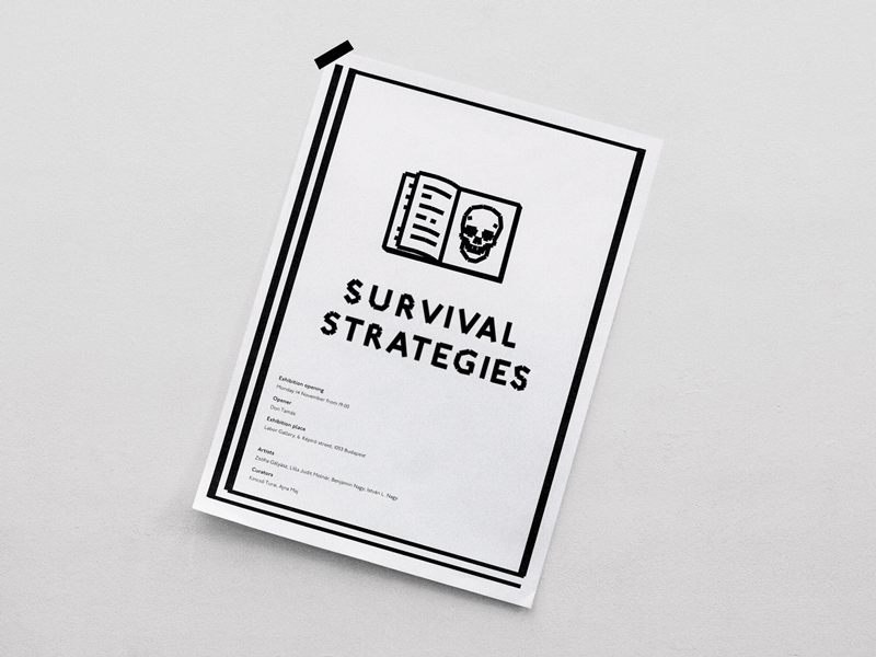 Survival strategies - exhibition identity black exhibition gif graphicdesign graphics identity katamoravszki moravszki skull white