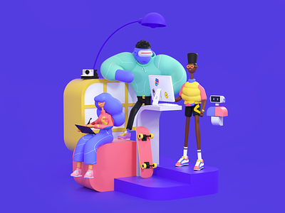 Polywork Trio 3d branding branding agency c4d character characterdesign colors coworking crew illustration octane office startup workspace