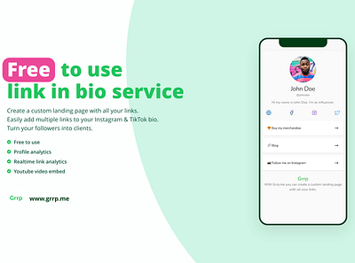 Grrp.me, free to use link in bio service developer portfolio site ui web