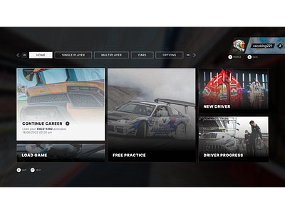 Home screen for a concept racing game design typography ui ux vector