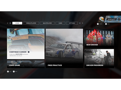 Home screen for a concept racing game