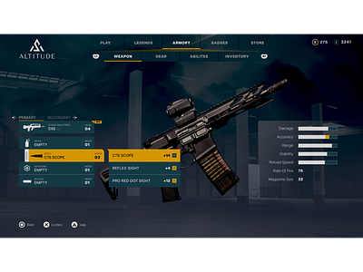 Weapon upgrade UI screen for an FPS concept called Altitude design graphic design illustration logo typography ui ux vector