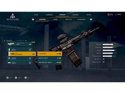 Weapon upgrade UI screen for an FPS concept called Altitude