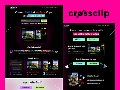 Crossclip branding design illustration landing page logo product design streaming tiktok twitch ui ux video editor web web design