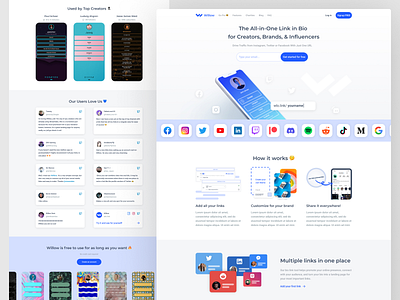 Landing page for Willow - the all-in-one link in bio branding design illustration landing landing page linktree product design product page promo ui ux web