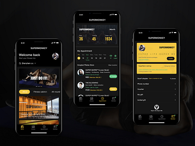 Redesign of SUPERMONKEY appointment black dark fitness gym health ios sport sports store ui ux workout yello