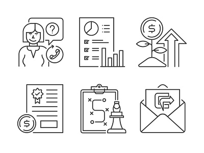 Marketing and management line icons graph icon mail money set strategy