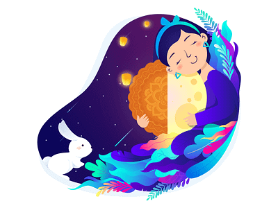Mid Autumn Festival design illustration jade rabbit lantern leaves moon moon cake star the moon lady