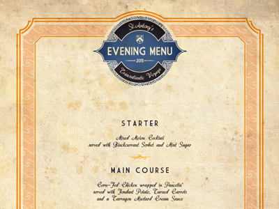 Evening Menu for the Summer Ball (Oxford) blue food menu old paper sea texture vintage yellow