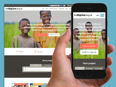 The Big Give blue and yellow design charity flat handsup homepage photo ui ux web website