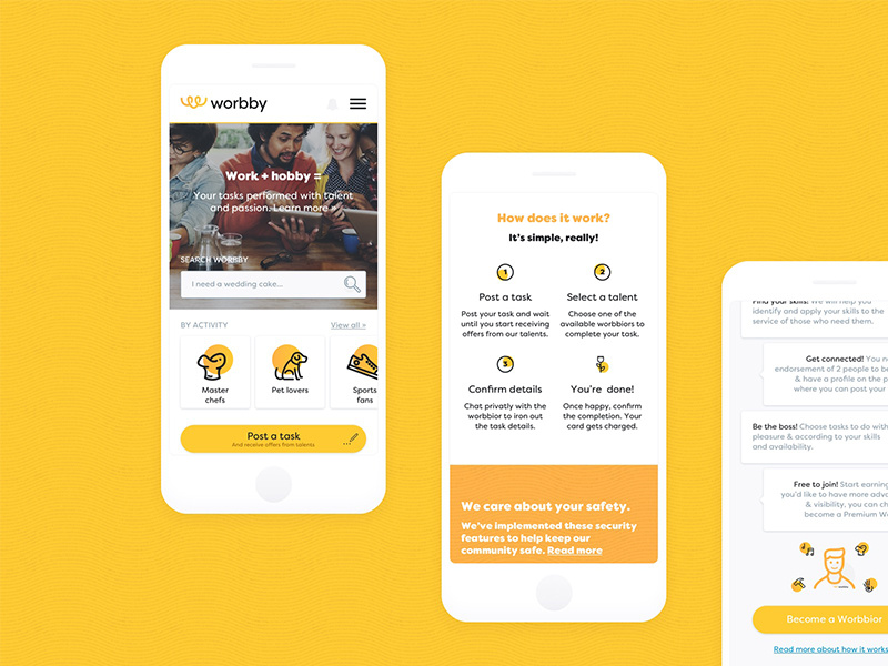 Worbby Web App UI Design Onboarding blue and yellow design website peer-to-peer mockup onboarding ux ui mobile app web worbby
