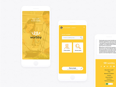 Worbby Web App UI Design - Action Menu, Splash, Details app blue and yellow design menu mobile onboarding peer to peer splash ui ux web website worbby