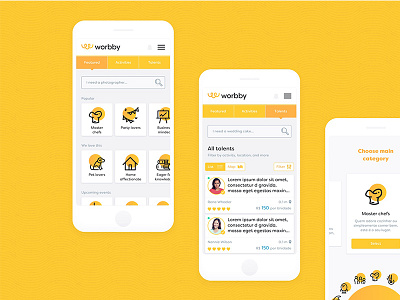 Worbby Web App UI Design - Talent Search Facilities app blue and yellow design mobile mockup onboarding peer to peer search ui ux web website worbby