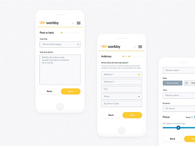Worbby Web App UI Design - Post a Task User Flow 1 app blue and yellow design forms mobile mockup onboarding peer to peer ui ux web website worbby