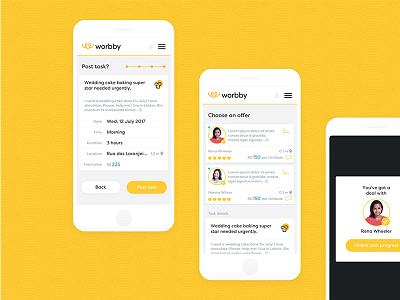 Worbby Web App UI Design - Post a Task User Flow 2 app blue and yellow design forms mobile mockup onboarding peer to peer ui ux web website worbby