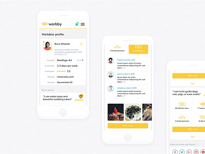 Worbby Web App UI Design - User Profile Screen 30+ iterations app blue and yellow design gif mobile peer to peer profile ui user ux web website worbby