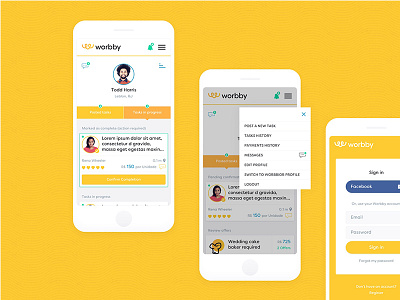 Worbby Web App UI Design - User Account account app blue and yellow design mobile peer to peer profile ui user ux web website worbby
