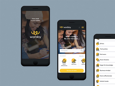 Worbby Web App UI Design - Splash, Actions, Categories app blue and yellow design mobile peer to peer ui ux web website worbby
