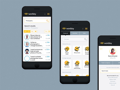 Worbby Web App UI Design - Search app blue and yellow design mobile peer to peer search ui ux web website worbby