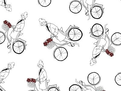 Seamless pattern with a bicycle girl and flower basket character charmante clipart girl illustration line pattern random seamless vector