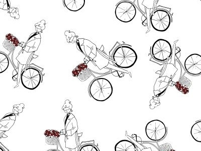 Seamless pattern with a bicycle girl and flower basket