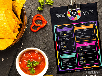 Nacho Mamas Menu brand design branding bright colourful design food food truck illustrator logo menu design mexican restaurant photoshop mockup restaurant branding skull taco taco truck