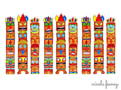 Tiki Totem Poles colourful copics drawing faces illustration markers pattern sketch tiki totem poles