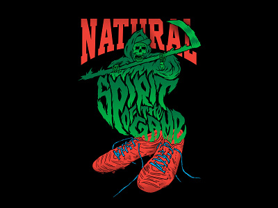 Natural Spirit Of The Game adobe illustrator boots death green illustration lettering print rad scythe skeleton smell of shoes sports boots vector
