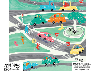 Furry Folks and Funny Cars cars illustration kids naive transportation wall art