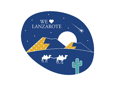 Illustration sticker blue brand cactus camel desert illustration logo monoline moon night stars vector volcano yellow