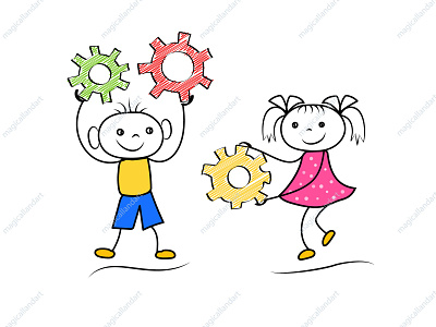 Doodle boy and girl teamwork boy business children cooperation development doodle drawn flat flatdesign gear girl magicallandart scribble stickman success teamwork vector wheel