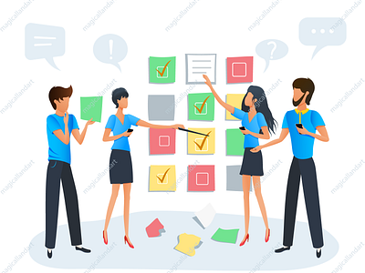 Team of business people agile board business flat flowchat magicallandart notes office people plan scrum solution sticky task team training vector woman workshop