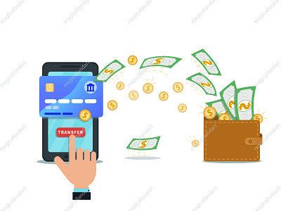 Fast online money transfer business button cash click deposit fast financial hand magicallandart money online operation payment send smartphone transfer vector wallet