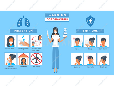 Covid-19 protection tips, symptoms and prevention coronavirus covid 19 disease doctor epidemic flat health healthcare icons magicallandart medical people prevention symptoms syringe tips vector virus warning