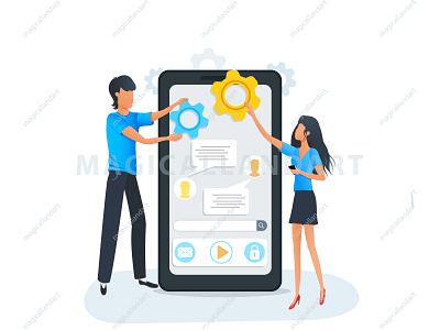 Mobile app development app business business card chat coding design development flat interface magicallandart man mobile office online people project service smartphone vector woman