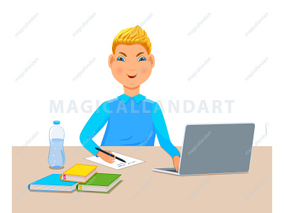 Schoolboy studying at online school back book boy cartoon children coronavirus education girl home homework kids laptop magicallandart notepad online school schoolboy study vector web