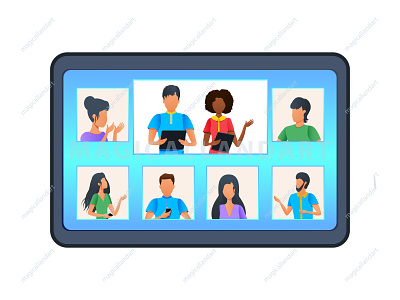 Group of colleagues having discussion in video call business chat communication conference dialogue discussion education freelance internet magicallandart meeting mobile office online people tablet team vector video webinar